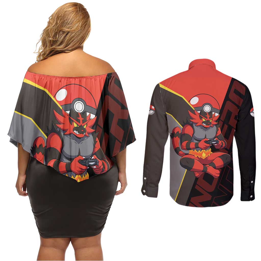 Incineroar Poké Couples Matching Off Shoulder Short Dress and Long Sleeve Button Shirt Bold Retro Anime Style