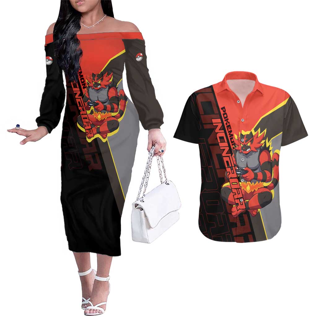 Incineroar Poké Couples Matching Off The Shoulder Long Sleeve Dress and Hawaiian Shirt Bold Retro Anime Style