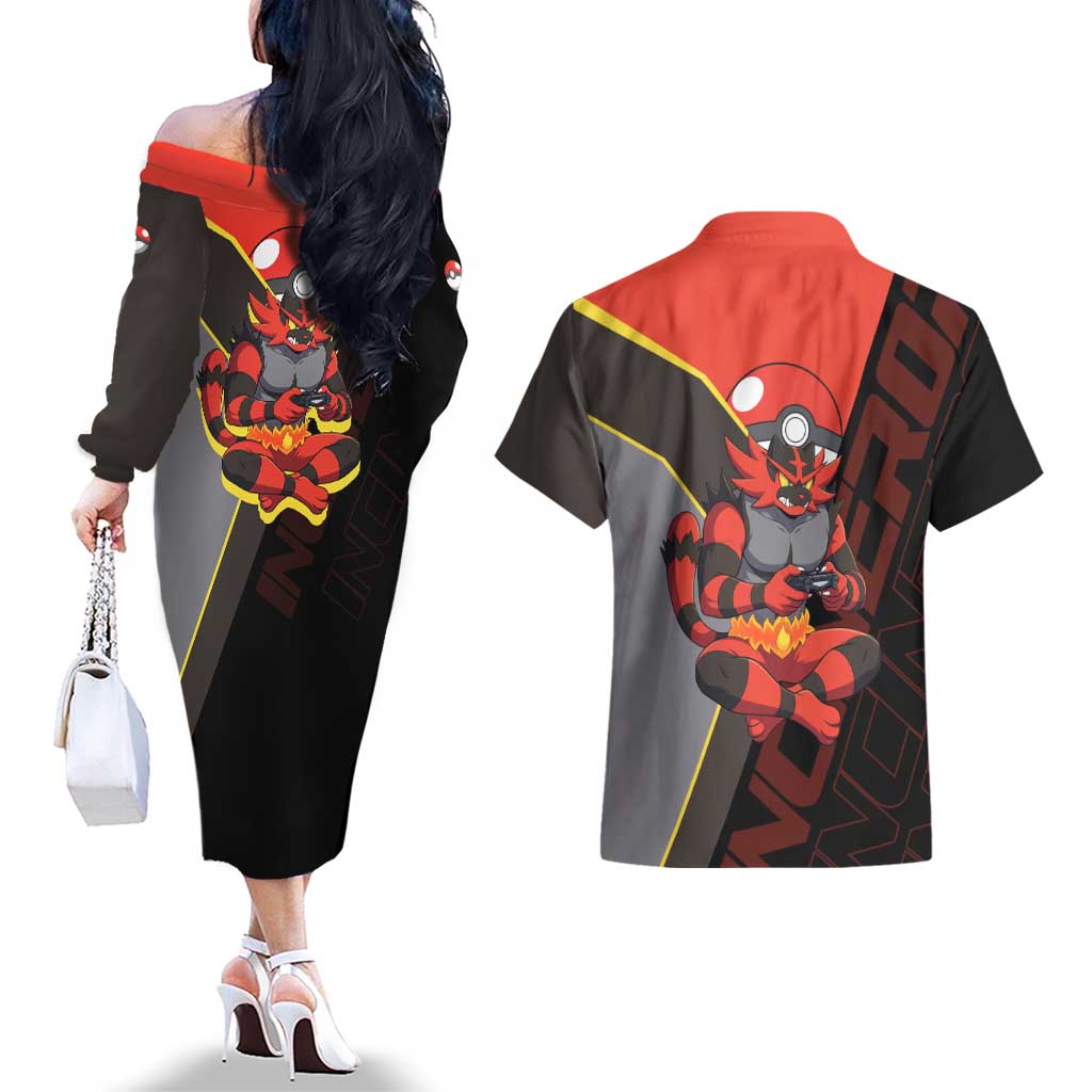 Incineroar Poké Couples Matching Off The Shoulder Long Sleeve Dress and Hawaiian Shirt Bold Retro Anime Style