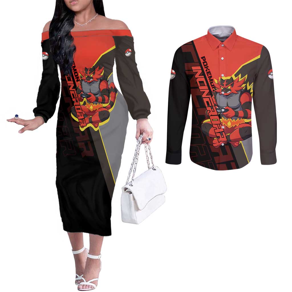 Incineroar Poké Couples Matching Off The Shoulder Long Sleeve Dress and Long Sleeve Button Shirt Bold Retro Anime Style