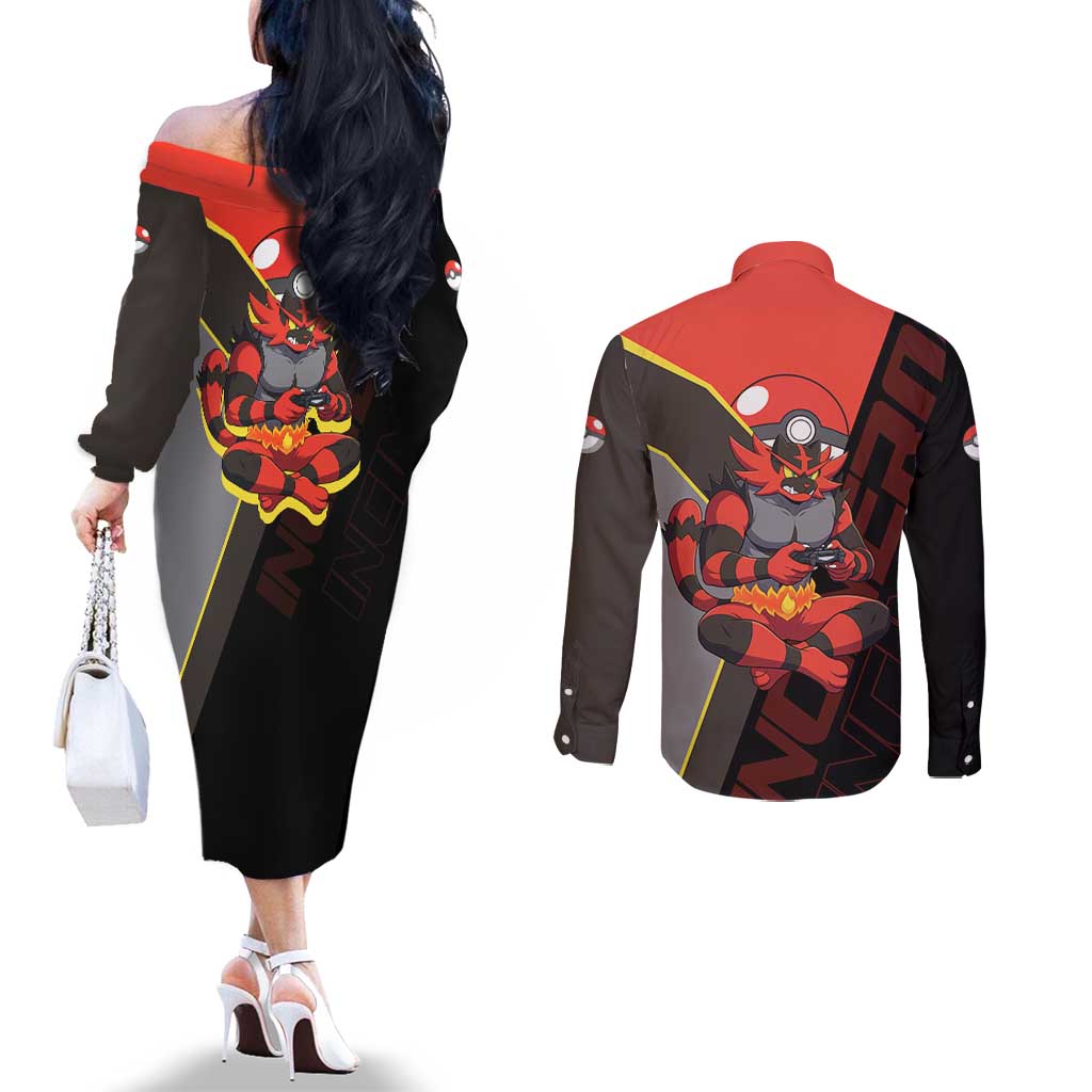 Incineroar Poké Couples Matching Off The Shoulder Long Sleeve Dress and Long Sleeve Button Shirt Bold Retro Anime Style