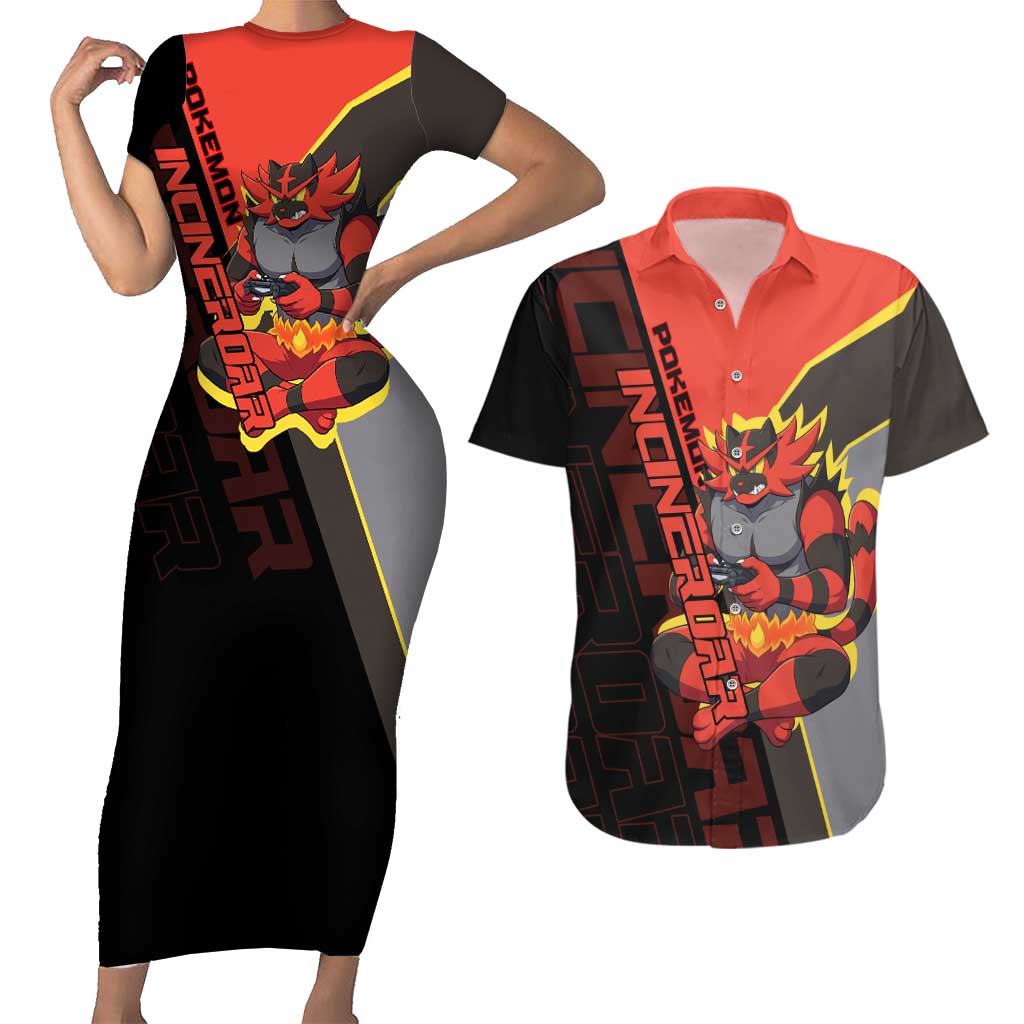 Incineroar Poké Couples Matching Short Sleeve Bodycon Dress and Hawaiian Shirt Bold Retro Anime Style