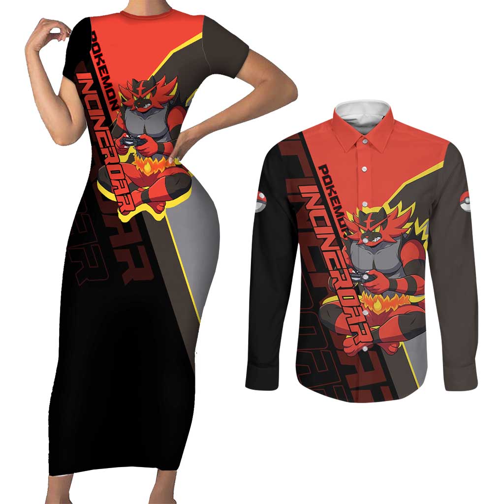 Incineroar Poké Couples Matching Short Sleeve Bodycon Dress and Long Sleeve Button Shirt Bold Retro Anime Style