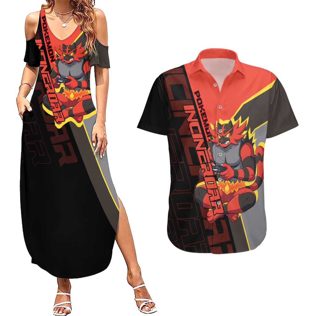 Incineroar Poké Couples Matching Summer Maxi Dress and Hawaiian Shirt Bold Retro Anime Style