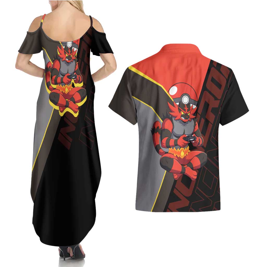 Incineroar Poké Couples Matching Summer Maxi Dress and Hawaiian Shirt Bold Retro Anime Style