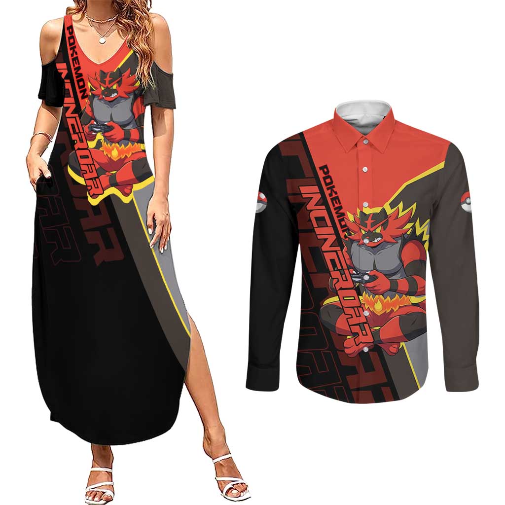 Incineroar Poké Couples Matching Summer Maxi Dress and Long Sleeve Button Shirt Bold Retro Anime Style