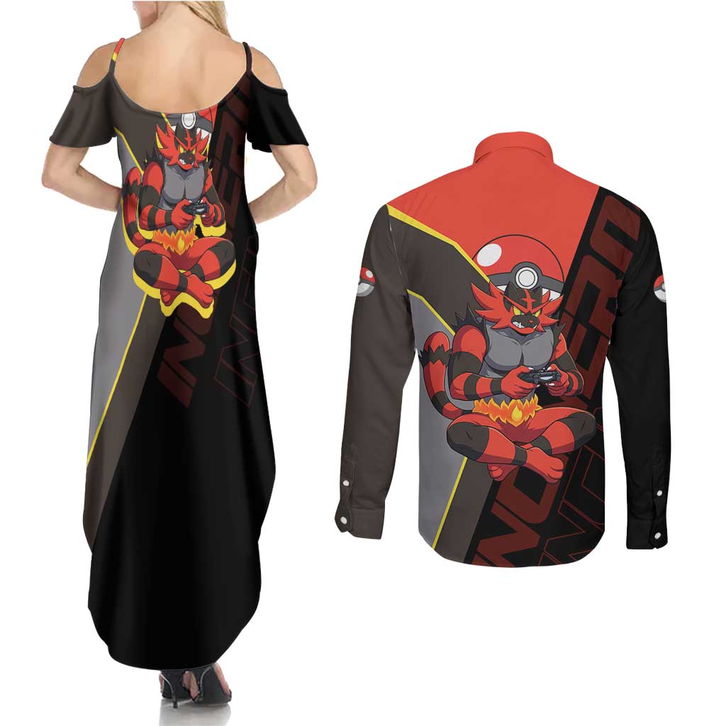Incineroar Poké Couples Matching Summer Maxi Dress and Long Sleeve Button Shirt Bold Retro Anime Style