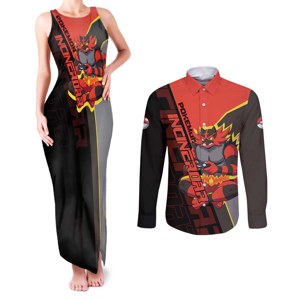 Incineroar Poké Couples Matching Tank Maxi Dress and Long Sleeve Button Shirt Bold Retro Anime Style