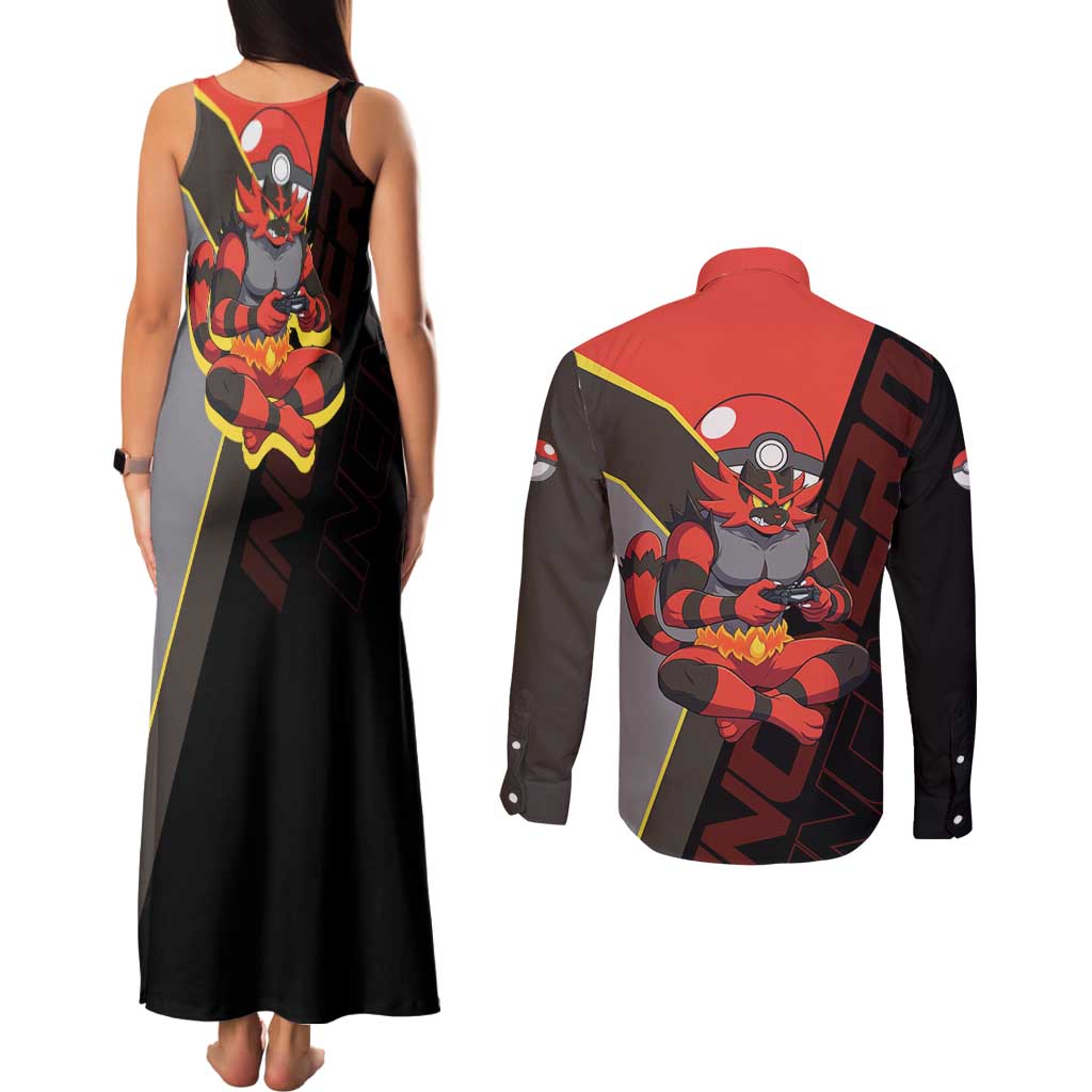 Incineroar Poké Couples Matching Tank Maxi Dress and Long Sleeve Button Shirt Bold Retro Anime Style