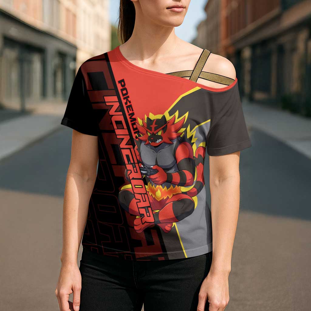 Incineroar Poké Cross Shoulder Shirt Bold Retro Anime Style