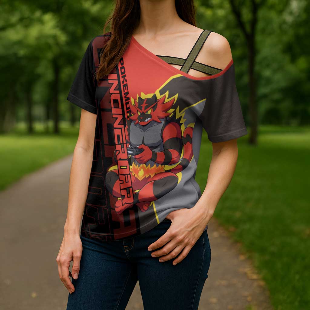 Incineroar Poké Cross Shoulder Shirt Bold Retro Anime Style
