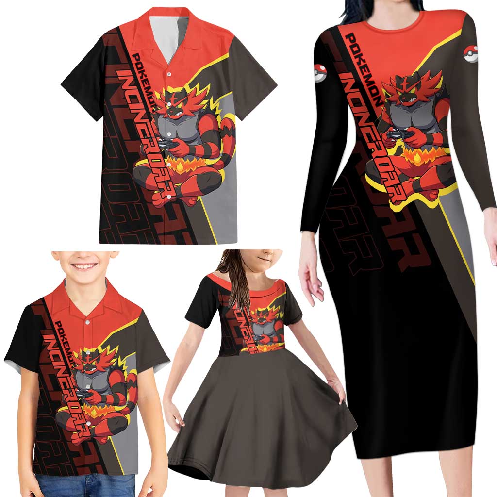 Incineroar Poké Family Matching Long Sleeve Bodycon Dress and Hawaiian Shirt Bold Retro Anime Style