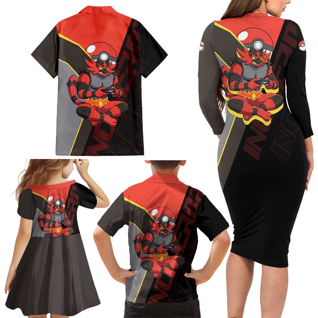 Incineroar Poké Family Matching Long Sleeve Bodycon Dress and Hawaiian Shirt Bold Retro Anime Style