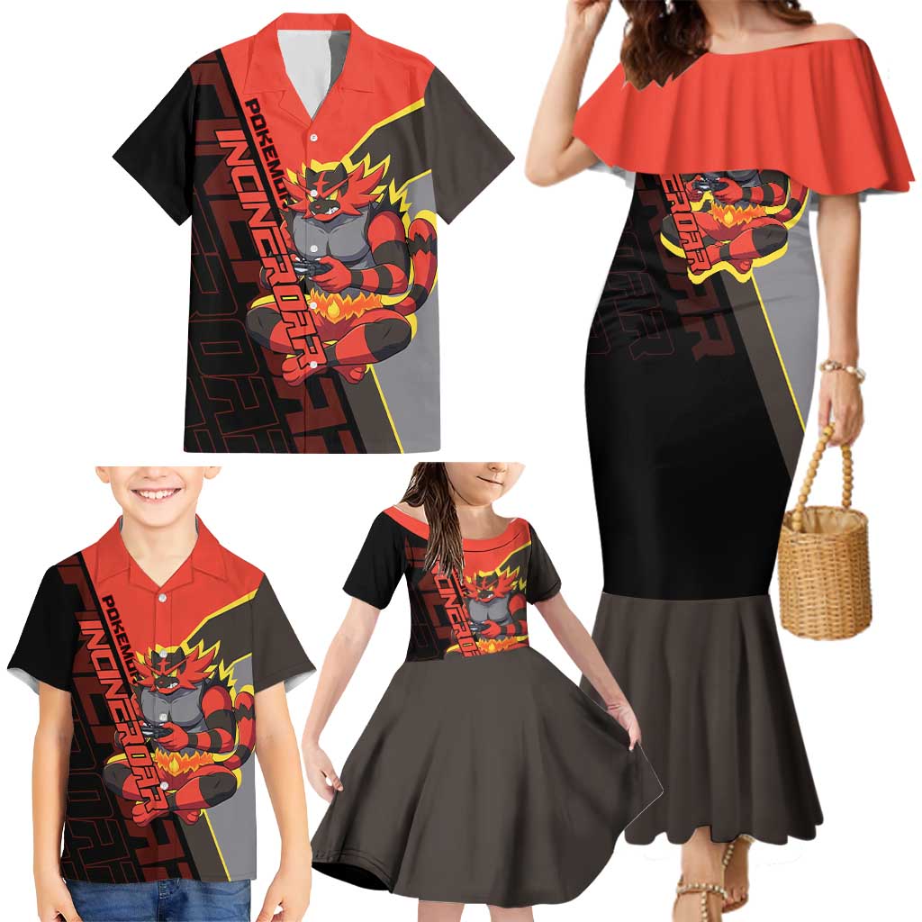 Incineroar Poké Family Matching Mermaid Dress and Hawaiian Shirt Bold Retro Anime Style