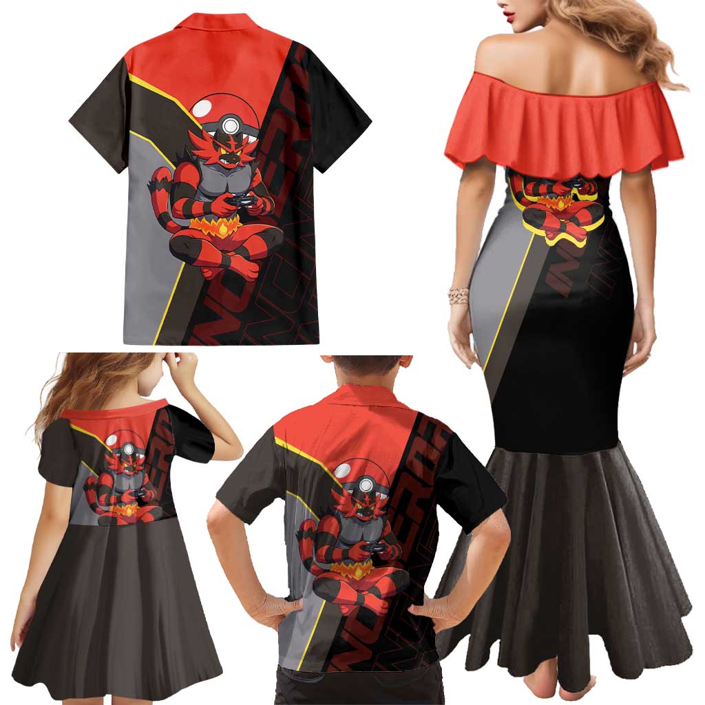 Incineroar Poké Family Matching Mermaid Dress and Hawaiian Shirt Bold Retro Anime Style