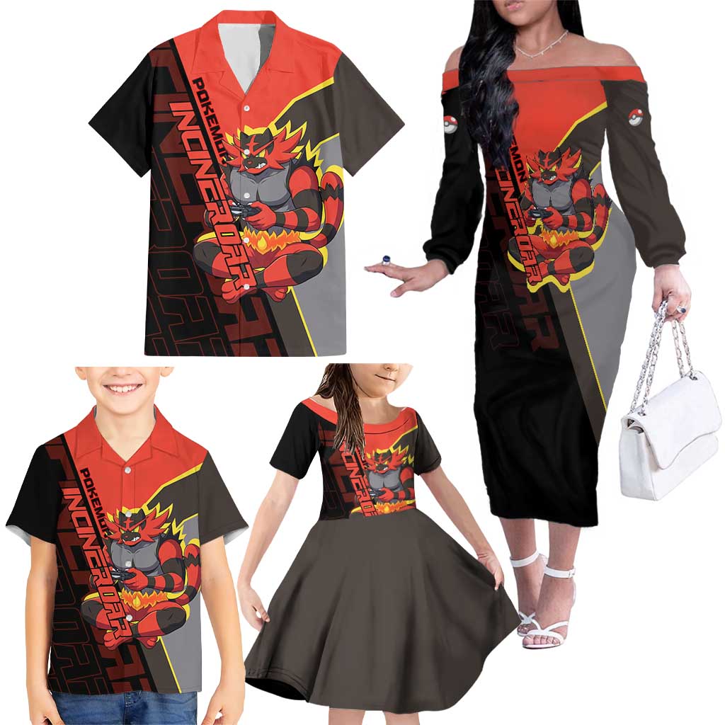 Incineroar Poké Family Matching Off The Shoulder Long Sleeve Dress and Hawaiian Shirt Bold Retro Anime Style