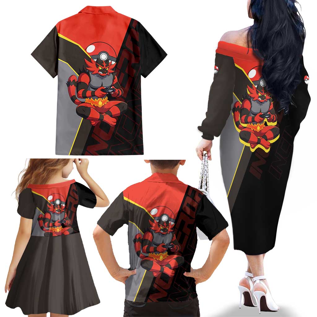 Incineroar Poké Family Matching Off The Shoulder Long Sleeve Dress and Hawaiian Shirt Bold Retro Anime Style