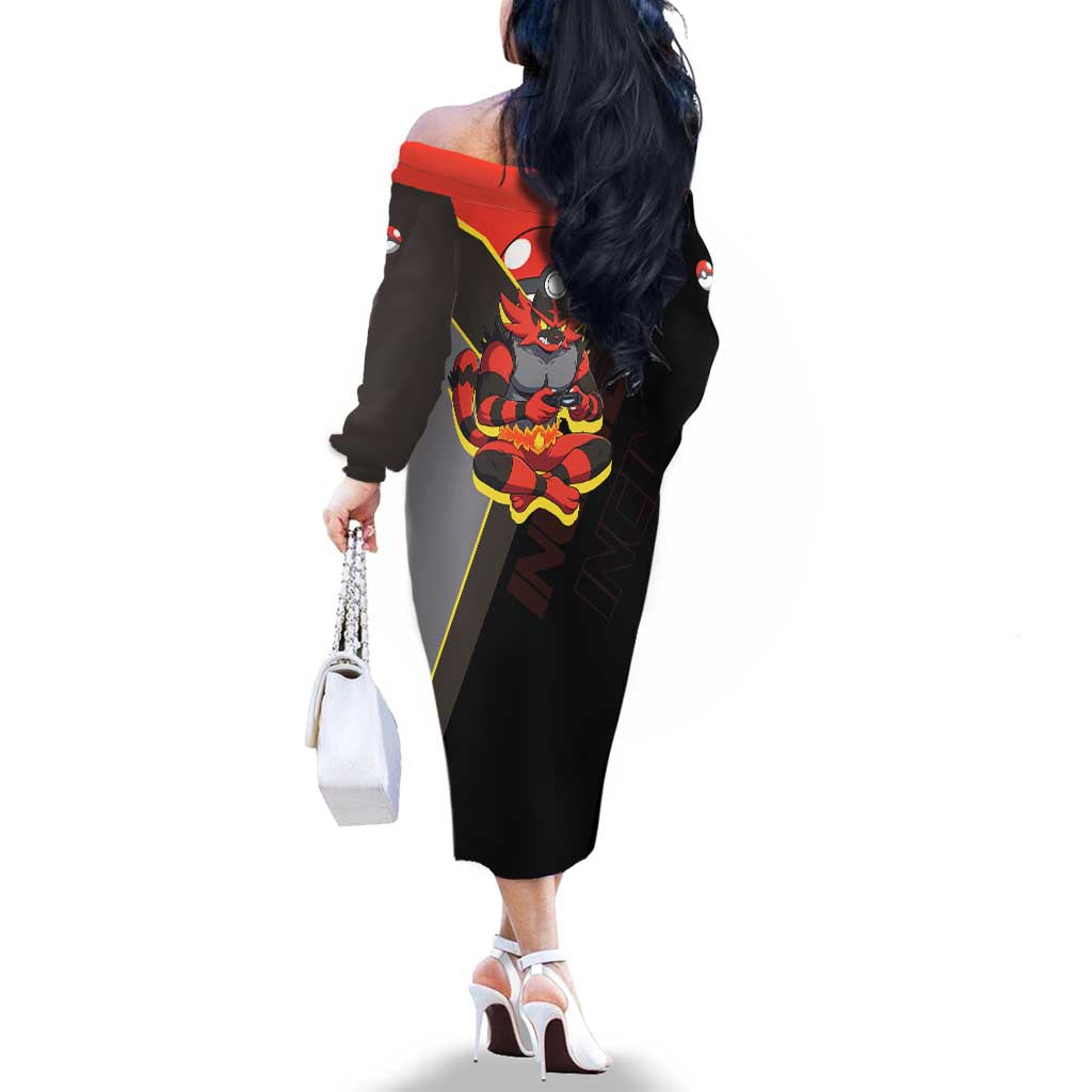 Incineroar Poké Family Matching Off The Shoulder Long Sleeve Dress and Hawaiian Shirt Bold Retro Anime Style