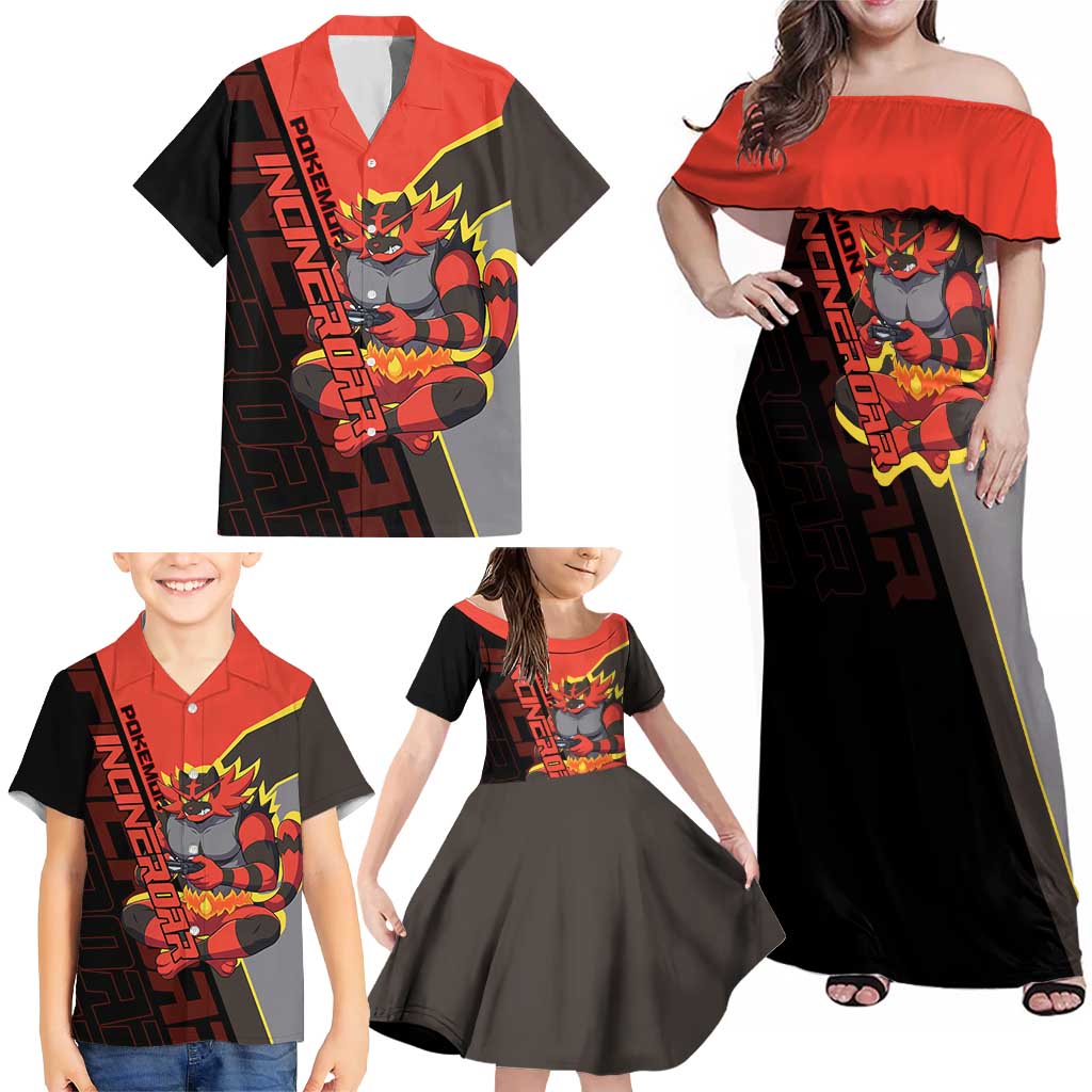 Incineroar Poké Family Matching Off Shoulder Maxi Dress and Hawaiian Shirt Bold Retro Anime Style