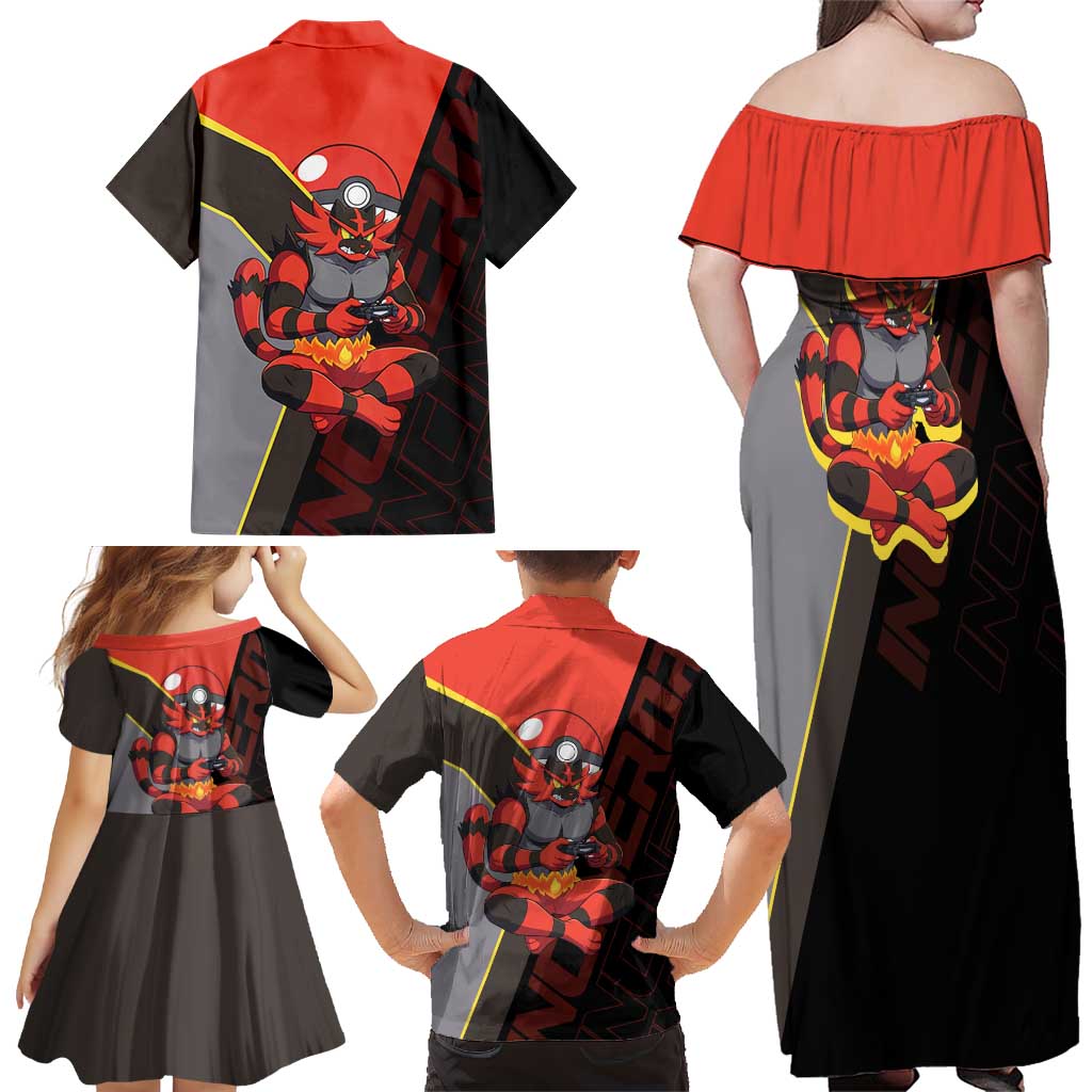 Incineroar Poké Family Matching Off Shoulder Maxi Dress and Hawaiian Shirt Bold Retro Anime Style