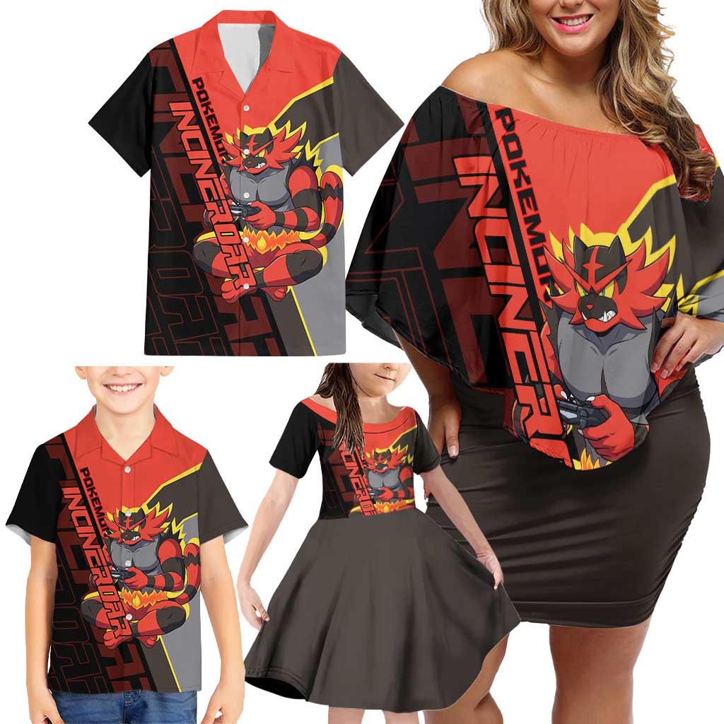 Incineroar Poké Family Matching Off Shoulder Short Dress and Hawaiian Shirt Bold Retro Anime Style