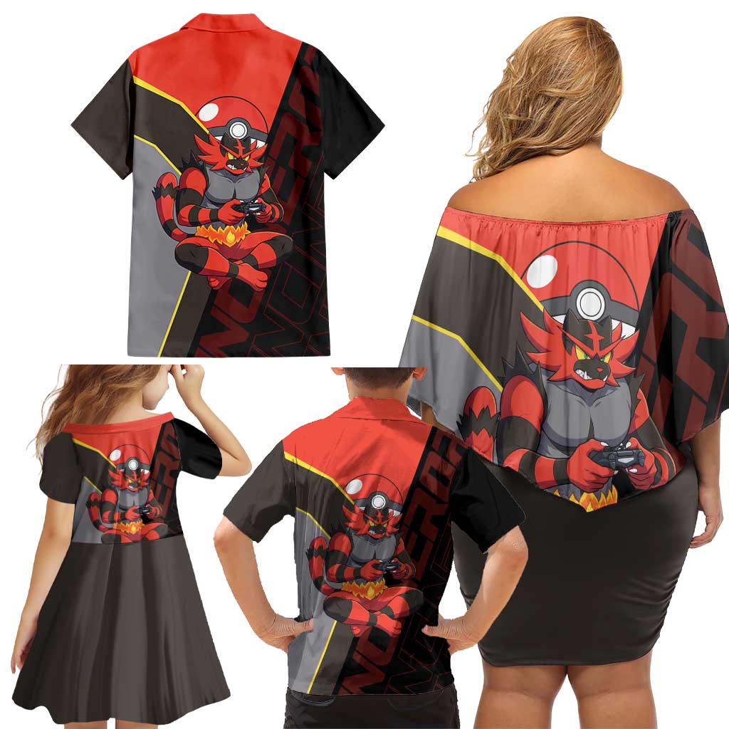 Incineroar Poké Family Matching Off Shoulder Short Dress and Hawaiian Shirt Bold Retro Anime Style