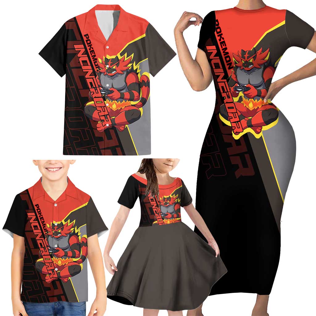 Incineroar Poké Family Matching Short Sleeve Bodycon Dress and Hawaiian Shirt Bold Retro Anime Style