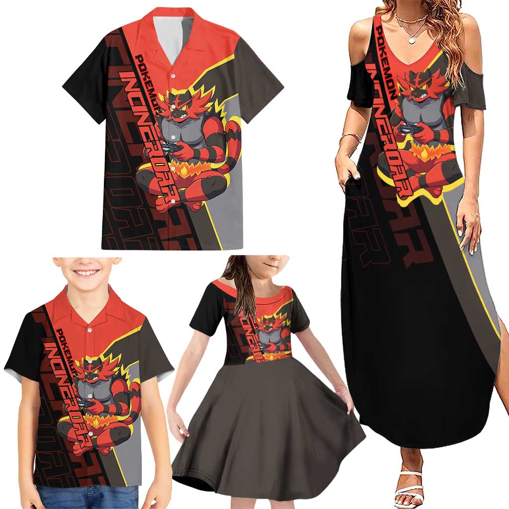 Incineroar Poké Family Matching Summer Maxi Dress and Hawaiian Shirt Bold Retro Anime Style