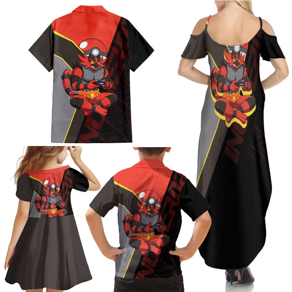 Incineroar Poké Family Matching Summer Maxi Dress and Hawaiian Shirt Bold Retro Anime Style