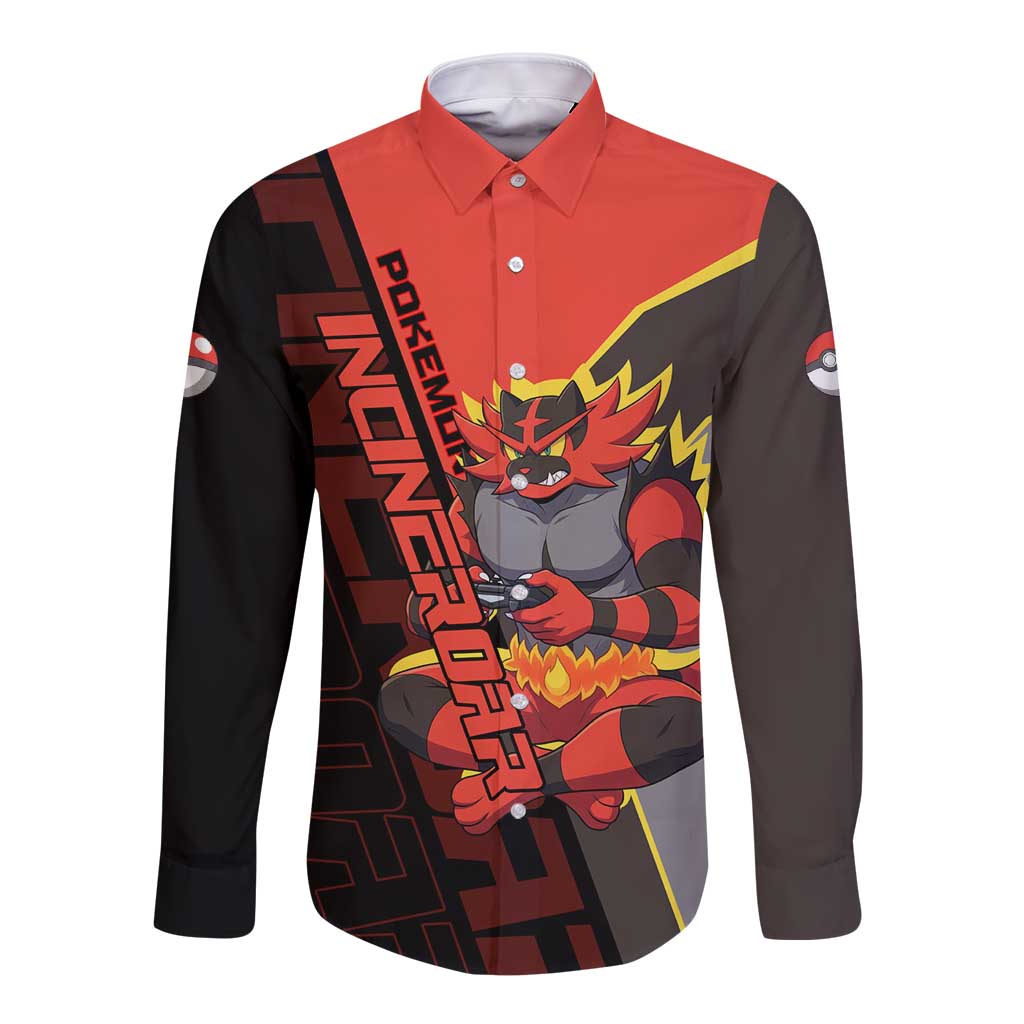 Incineroar Poké Long Sleeve Button Shirt Bold Retro Anime Style