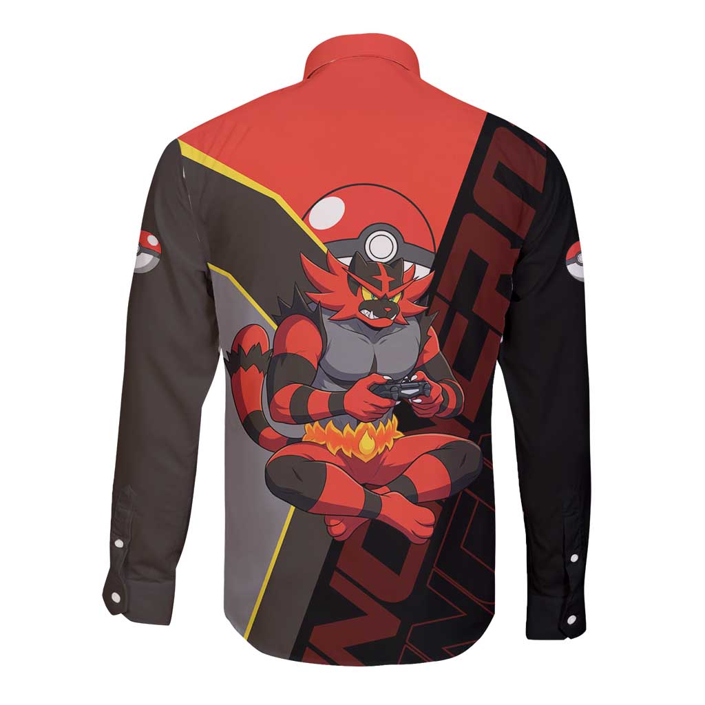 Incineroar Poké Long Sleeve Button Shirt Bold Retro Anime Style