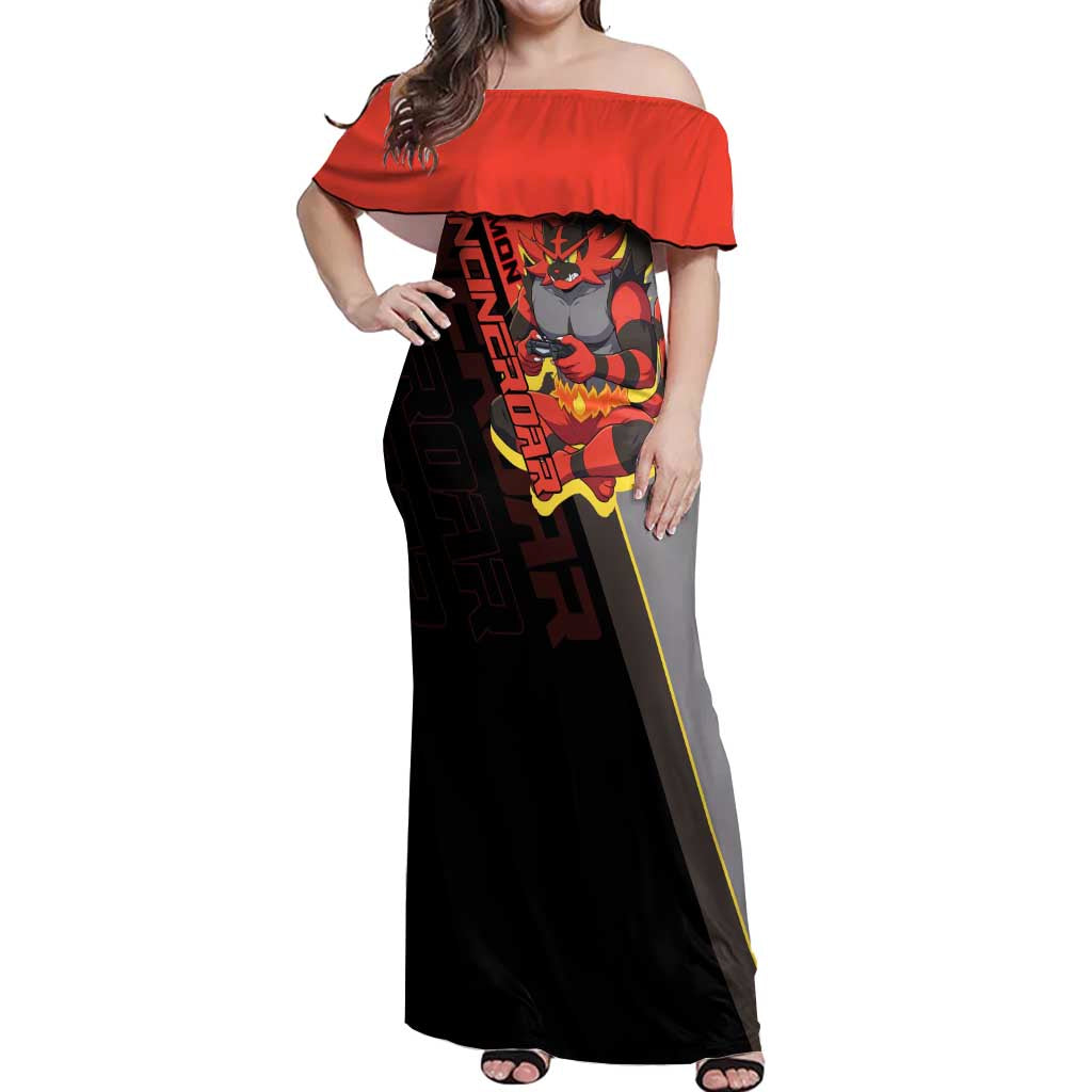 Incineroar Poké Off Shoulder Maxi Dress Bold Retro Anime Style