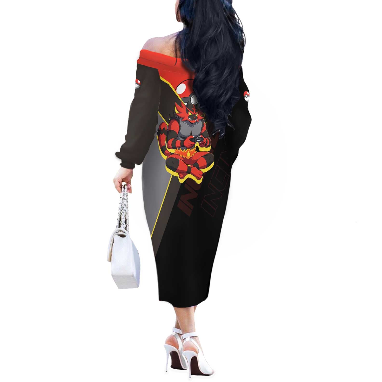 Incineroar Poké Off The Shoulder Long Sleeve Dress Bold Retro Anime Style