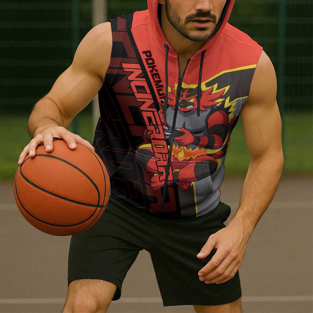 Incineroar Poké Sleeveless Zip Hoodie Bold Retro Anime Style