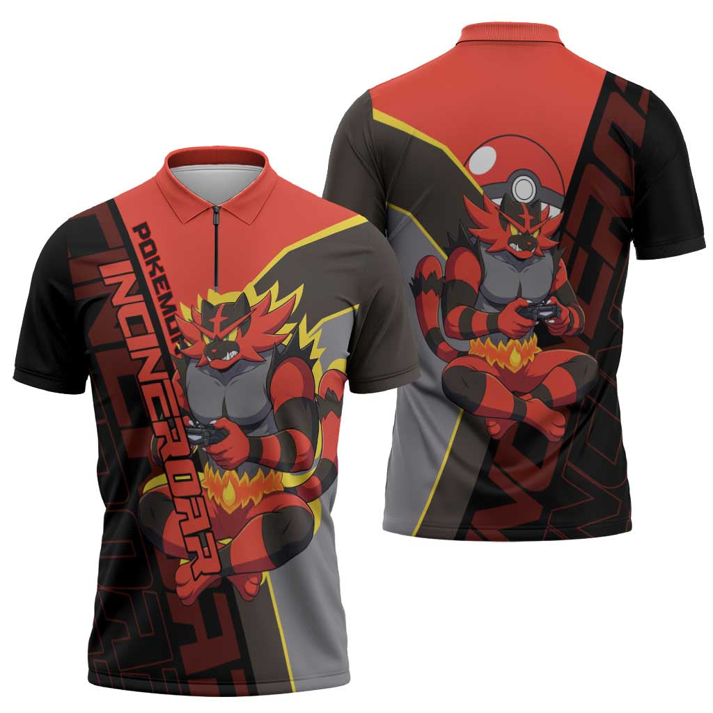 Incineroar Poké Zipper Polo Shirt Bold Retro Anime Style
