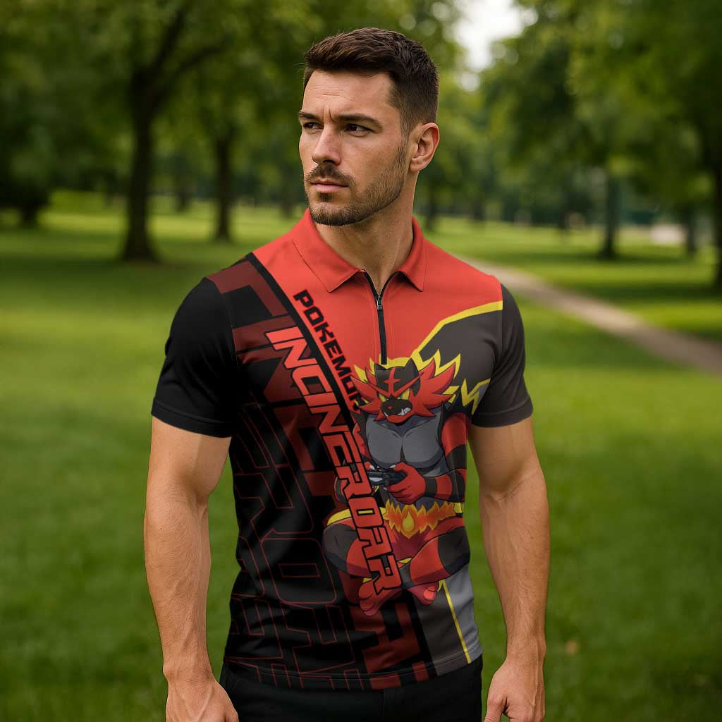 Incineroar Poké Zipper Polo Shirt Bold Retro Anime Style