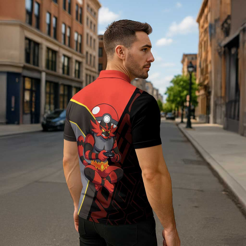 Incineroar Poké Zipper Polo Shirt Bold Retro Anime Style