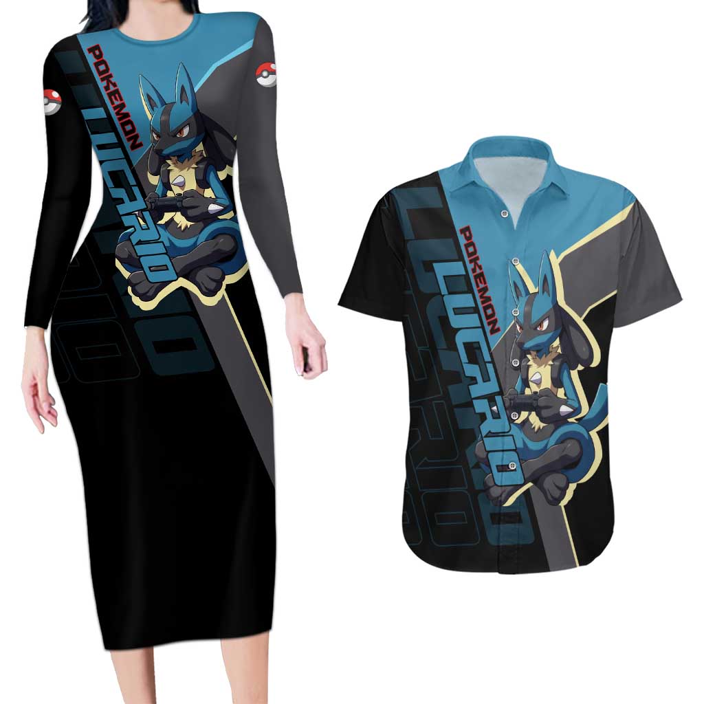 Lucario Poké Couples Matching Long Sleeve Bodycon Dress and Hawaiian Shirt Edgy Retro Anime Style