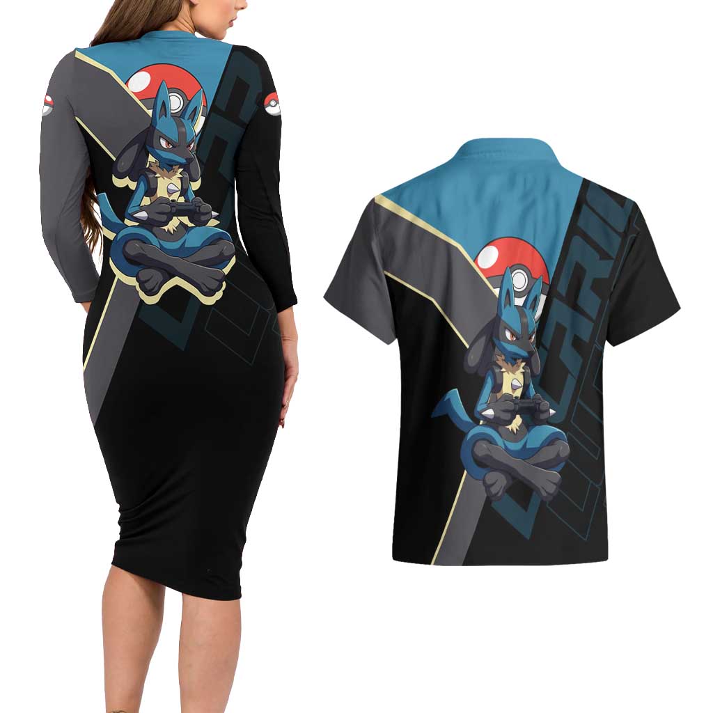Lucario Poké Couples Matching Long Sleeve Bodycon Dress and Hawaiian Shirt Edgy Retro Anime Style