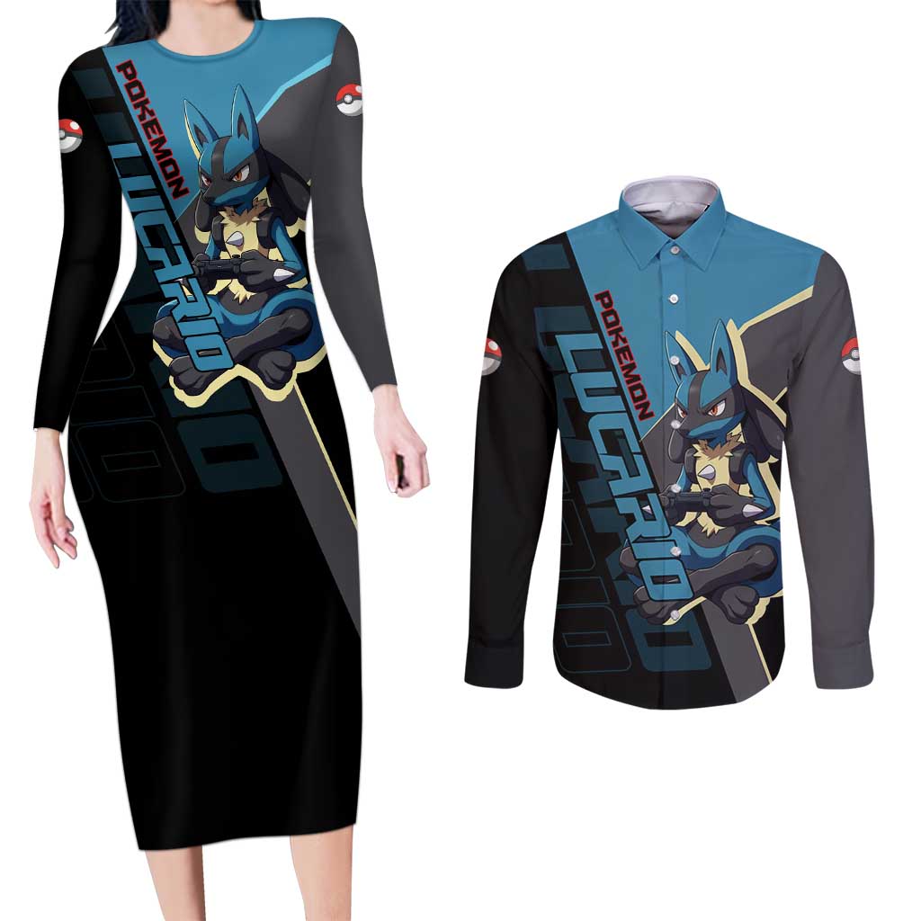 Lucario Poké Couples Matching Long Sleeve Bodycon Dress and Long Sleeve Button Shirt Edgy Retro Anime Style