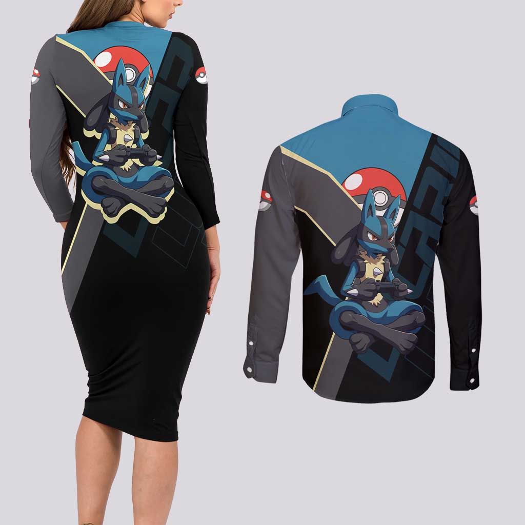 Lucario Poké Couples Matching Long Sleeve Bodycon Dress and Long Sleeve Button Shirt Edgy Retro Anime Style