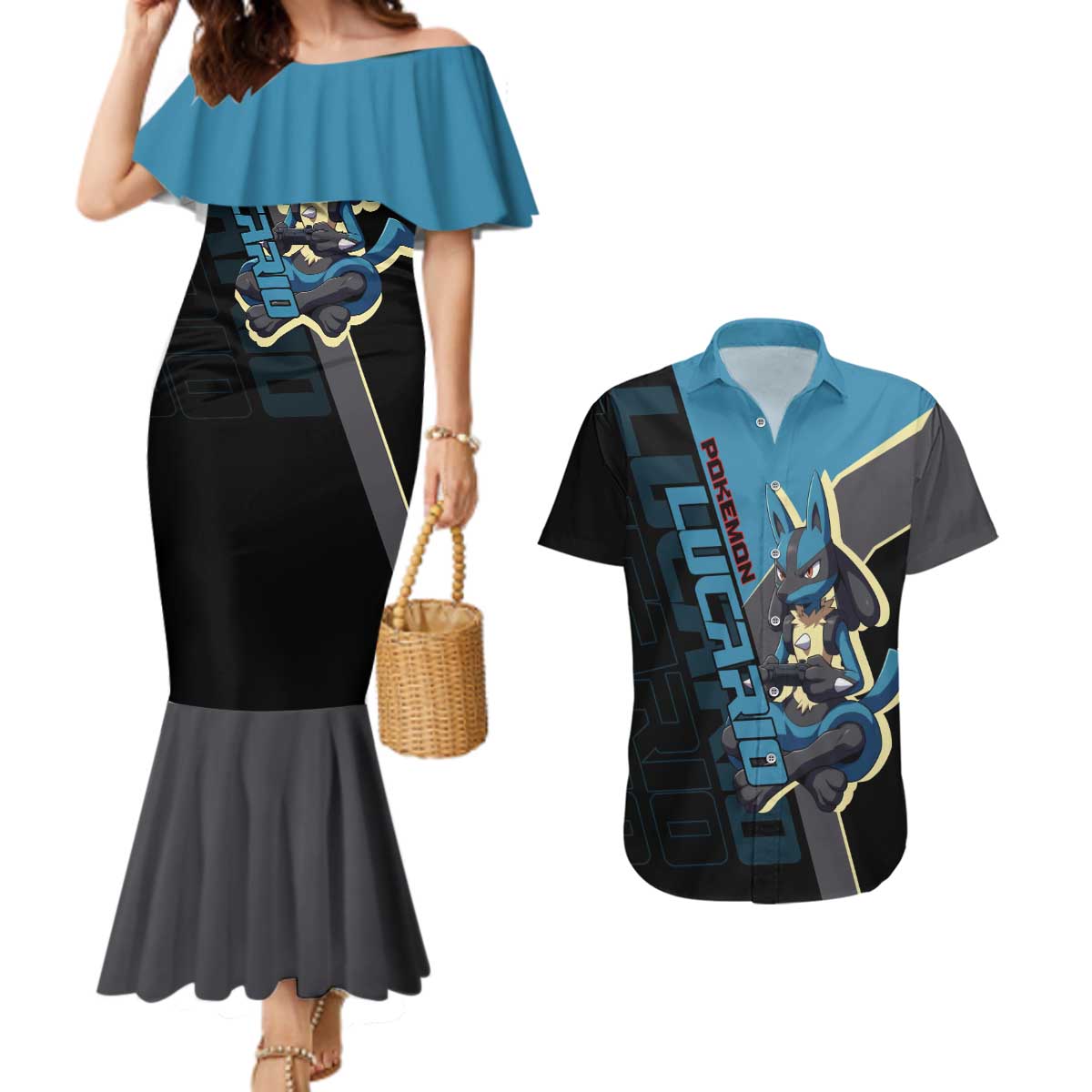 Lucario Poké Couples Matching Mermaid Dress and Hawaiian Shirt Edgy Retro Anime Style