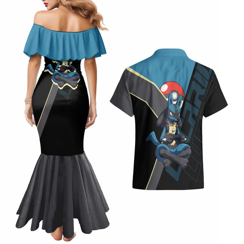 Lucario Poké Couples Matching Mermaid Dress and Hawaiian Shirt Edgy Retro Anime Style