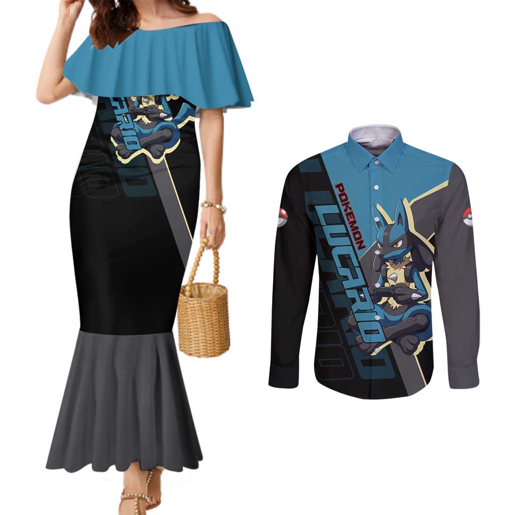 Lucario Poké Couples Matching Mermaid Dress and Long Sleeve Button Shirt Edgy Retro Anime Style