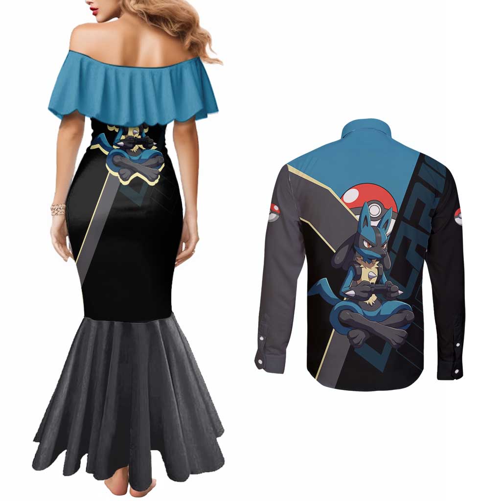 Lucario Poké Couples Matching Mermaid Dress and Long Sleeve Button Shirt Edgy Retro Anime Style