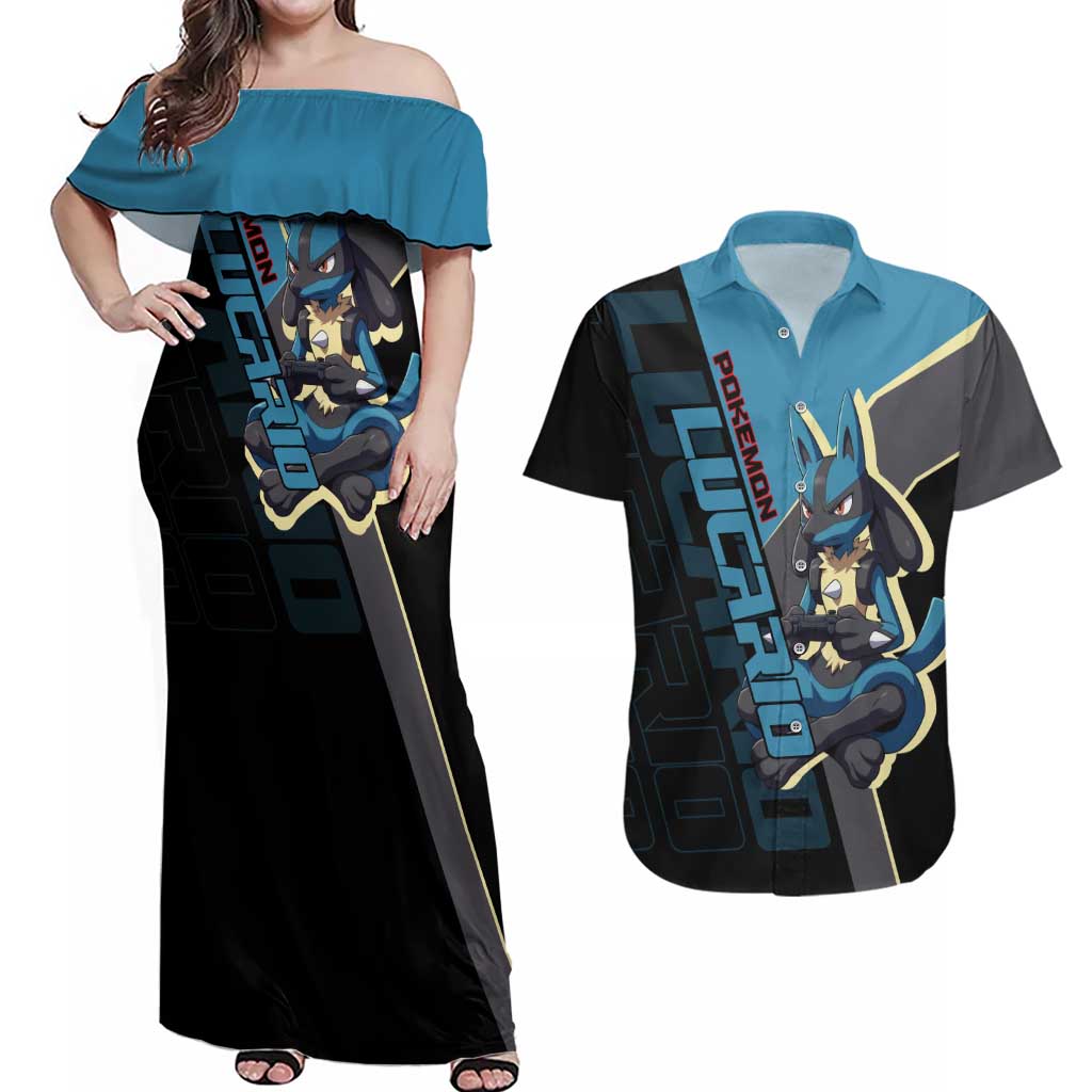 Lucario Poké Couples Matching Off Shoulder Maxi Dress and Hawaiian Shirt Edgy Retro Anime Style