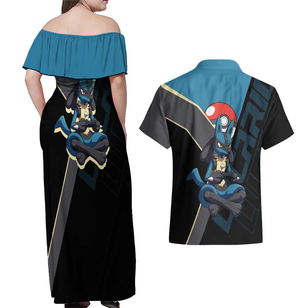 Lucario Poké Couples Matching Off Shoulder Maxi Dress and Hawaiian Shirt Edgy Retro Anime Style