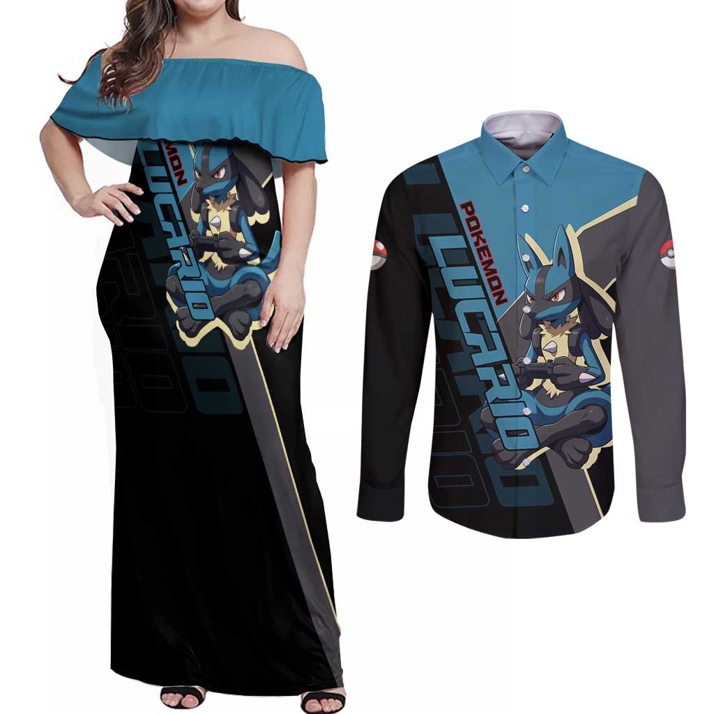 Lucario Poké Couples Matching Off Shoulder Maxi Dress and Long Sleeve Button Shirt Edgy Retro Anime Style