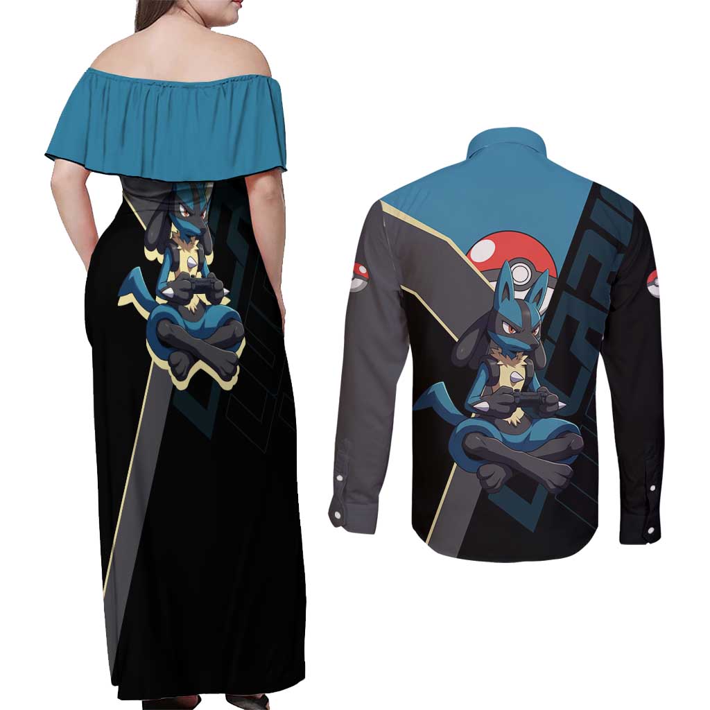 Lucario Poké Couples Matching Off Shoulder Maxi Dress and Long Sleeve Button Shirt Edgy Retro Anime Style