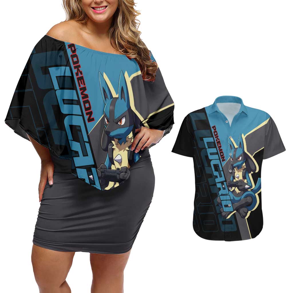 Lucario Poké Couples Matching Off Shoulder Short Dress and Hawaiian Shirt Edgy Retro Anime Style